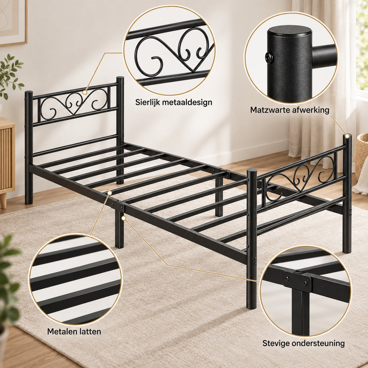 Enkel Metalen Bedframe - 90x200cm