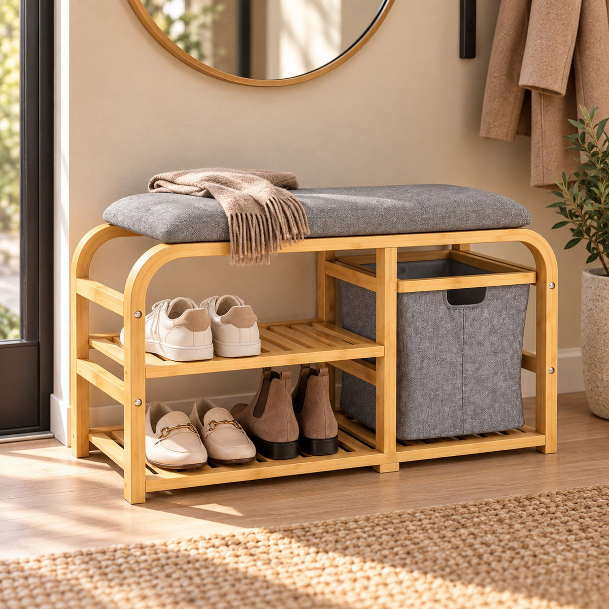 Schoenenbank - Met Zitkussen en Opbergmand - Bamboe - 2 Schoenenplanken - 70 x 30 x 45 cm - Naturel/Grijs