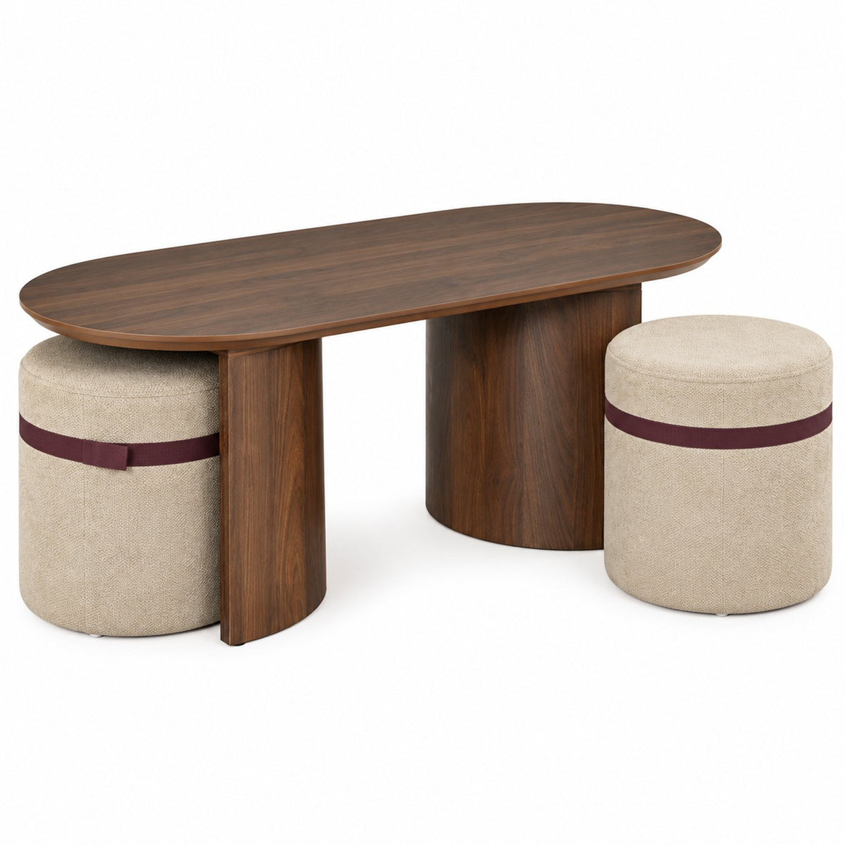 Salontafel - 108 cm - Ovaal - Inclusief 2 Gestoffeerde Poefs - Walnoot Houtlook - Space-Saving Koffietafel Set