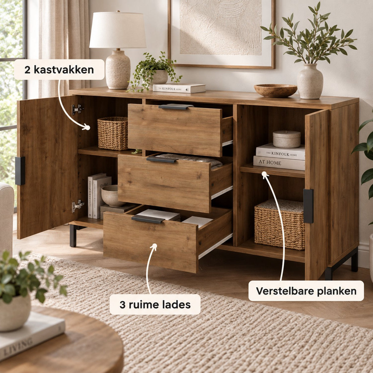 Dressoir – 120x40x76 cm – Donker Eiken – Industrieel Opbergkast met 3 Lades & 2 Deuren