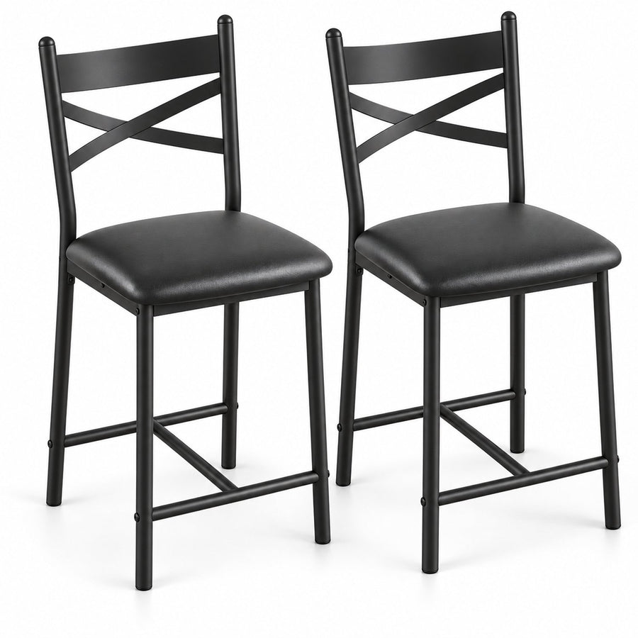 Barstoelen Set van 2 - Zithoogte 66 cm - PU Leren Zitting - Met Rugleuning en Voetsteun - Metalen Frame - Zwart