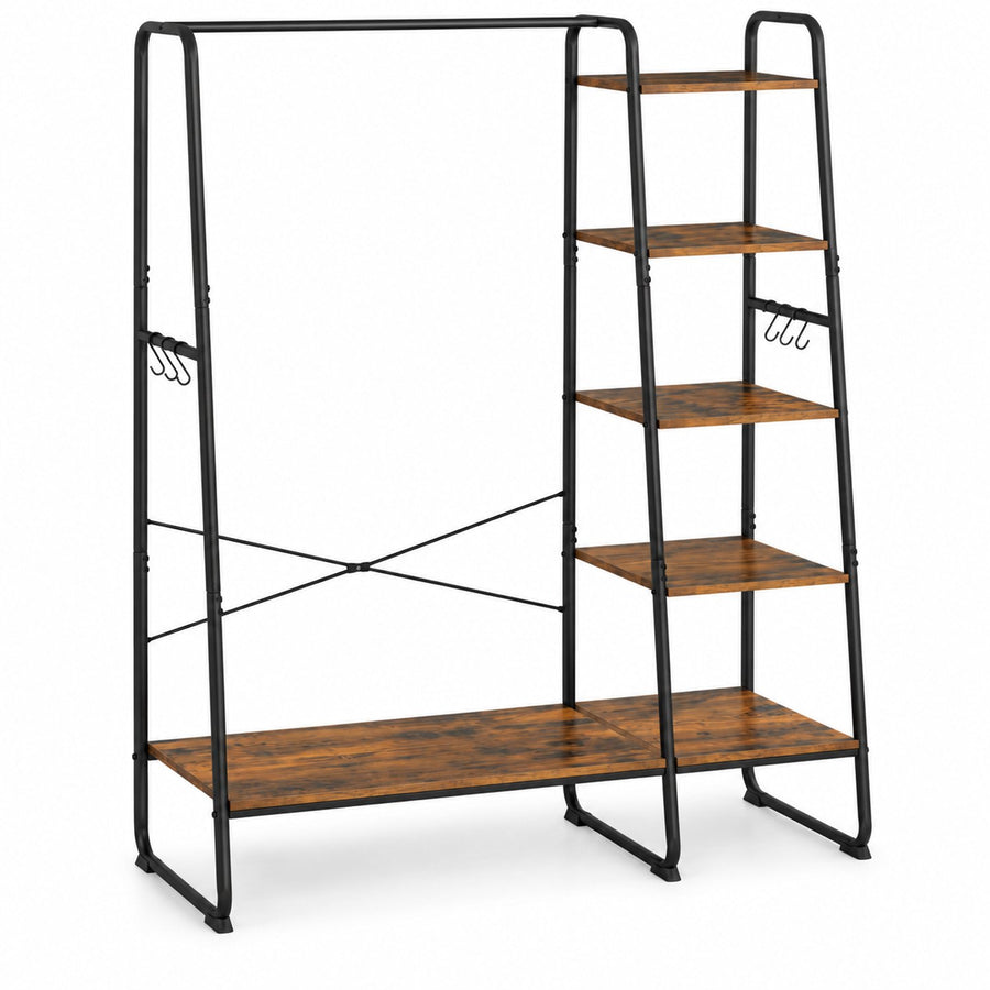 Kledingrek met Schoenenrek – Kledingstang met 5 Opbergplanken en 6 Haken – Kapstok Staand – 120 x 45 x 160 cm – Bruin/Zwart
