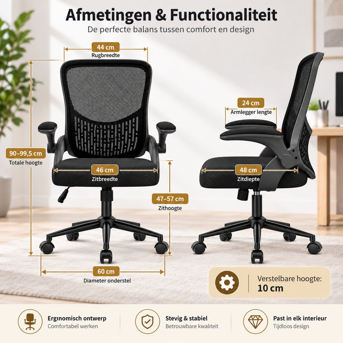 Ergonomische Bureaustoel – Verstelbare Kantoorstoel voor Volwassenen – Zwart