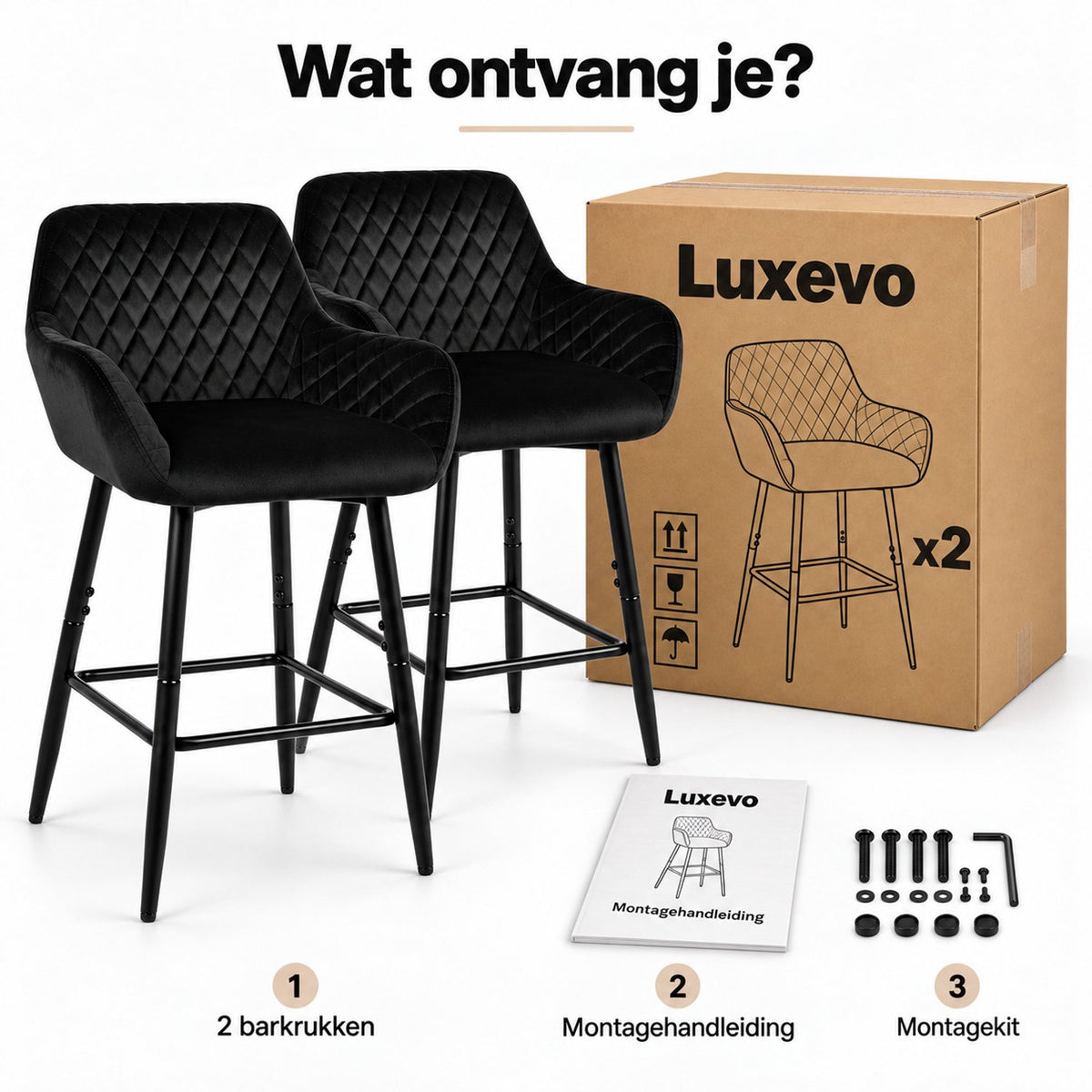Barkrukken - Set van 2 - Zwart Fluweel - Zithoogte 60 cm - Met Rugleuning en Armleuningen - Metalen Poten - Keukenkrukken