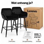 Barkrukken - Set van 2 - Zwart Fluweel - Zithoogte 60 cm - Met Rugleuning en Armleuningen - Metalen Poten - Keukenkrukken