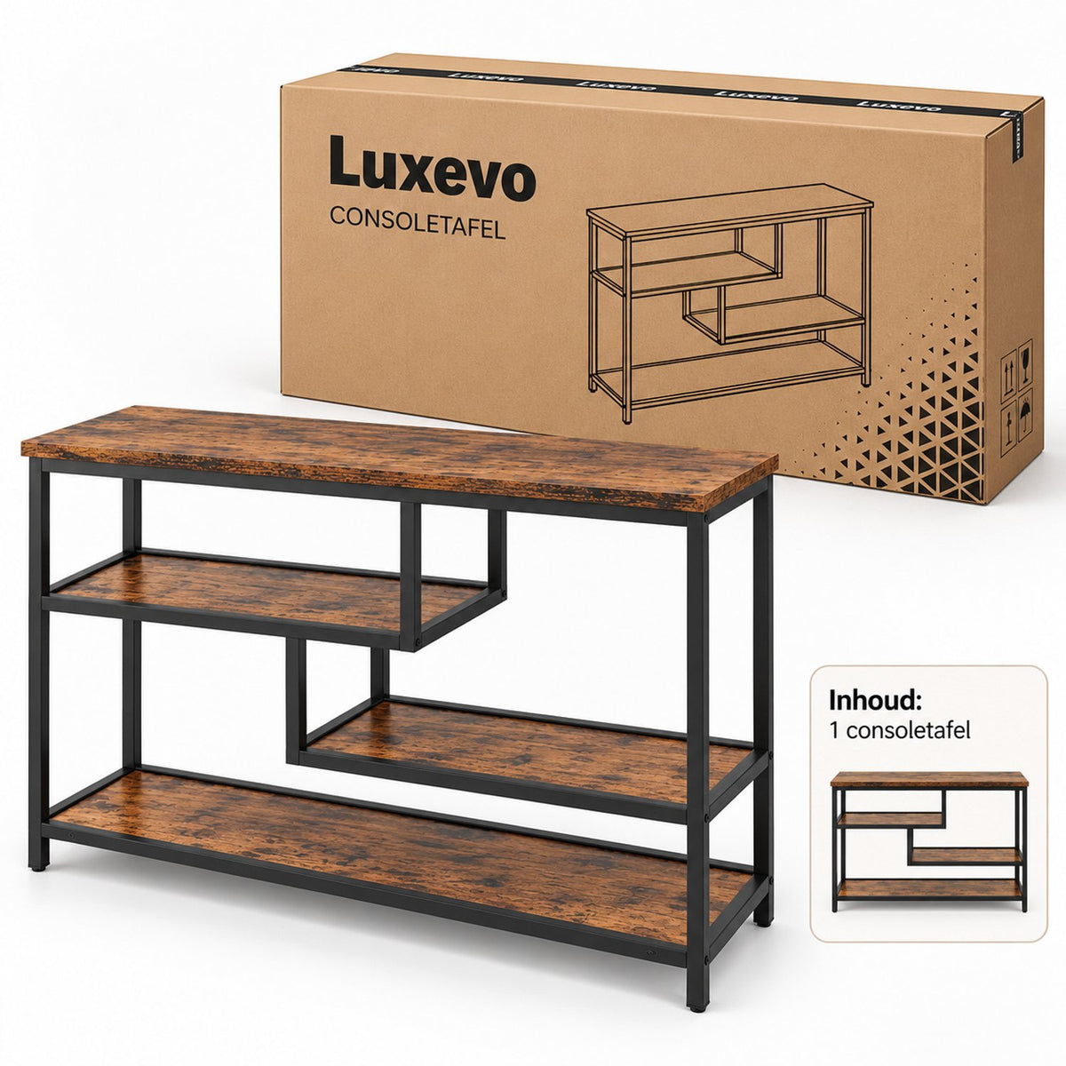 Consoletafel – Sidetable met 3 Opbergniveaus – Industrieel – Bruin/Zwart – 100 x 30 x 75 cm