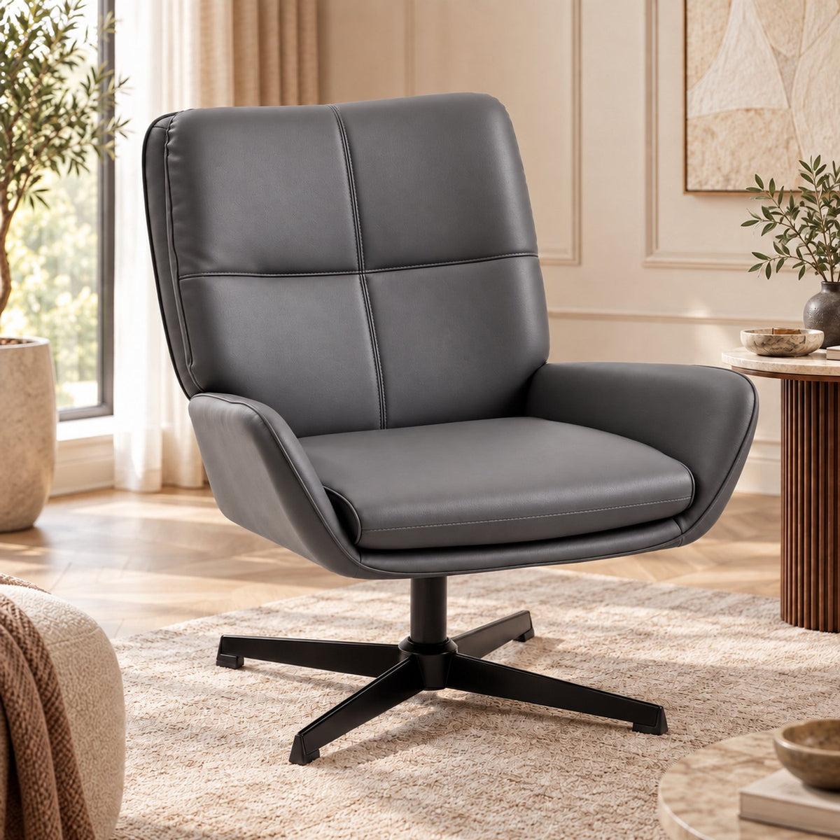 Fauteuil – 360° Draaibaar – PU Leer – Draaistoel met Armleuningen - Grijs