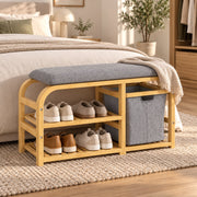 Schoenenbank - Met Zitkussen en Opbergmand - Bamboe - 2 Schoenenplanken - 70 x 30 x 45 cm - Naturel/Grijs