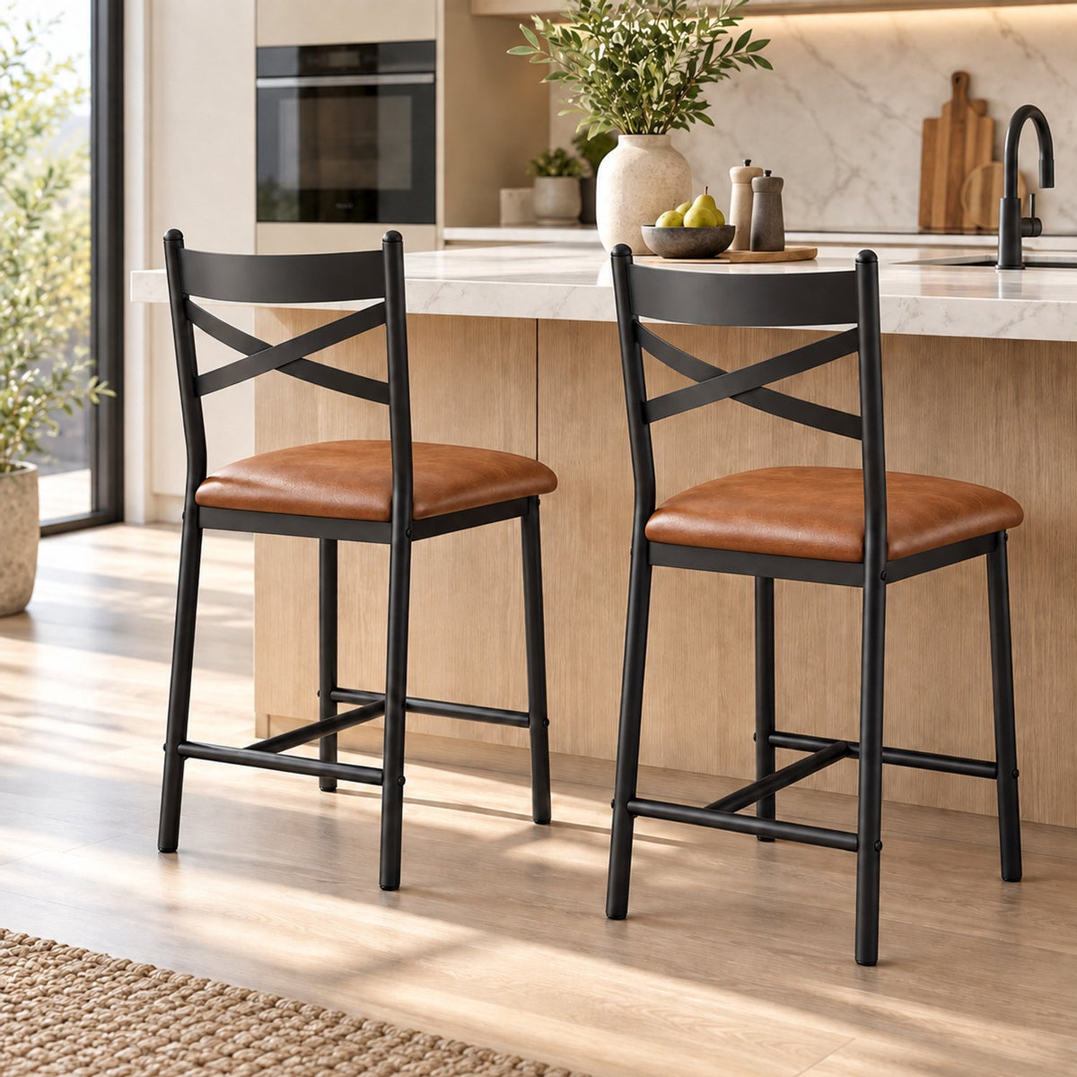 Barstoelen Set van 2 - Zithoogte 66 cm - PU Leren Zitting - Met Rugleuning en Voetsteun - Metalen Frame - Bruin