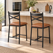 Barstoelen Set van 2 - Zithoogte 66 cm - PU Leren Zitting - Met Rugleuning en Voetsteun - Metalen Frame - Bruin