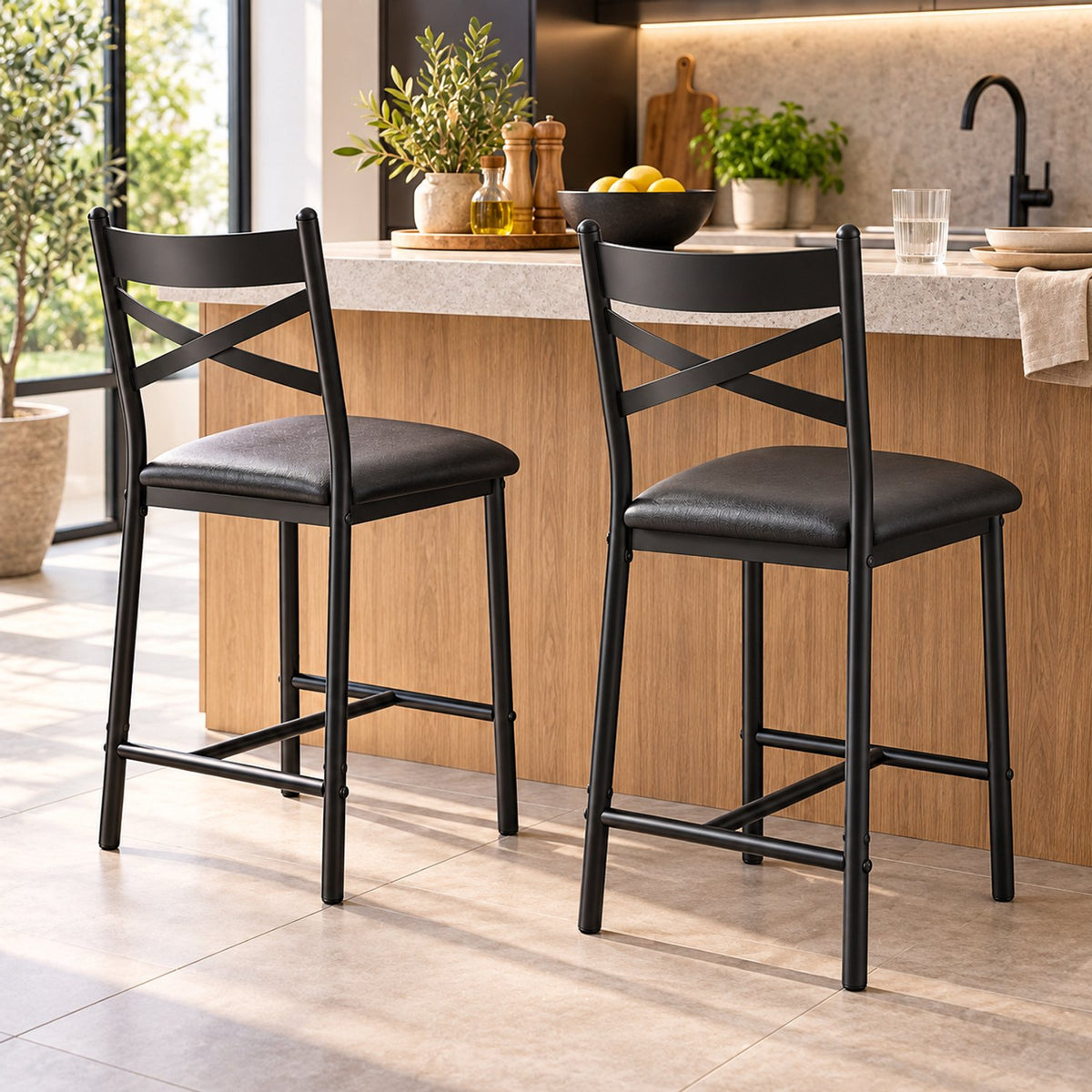 Barstoelen Set van 2 - Zithoogte 66 cm - PU Leren Zitting - Met Rugleuning en Voetsteun - Metalen Frame - Zwart