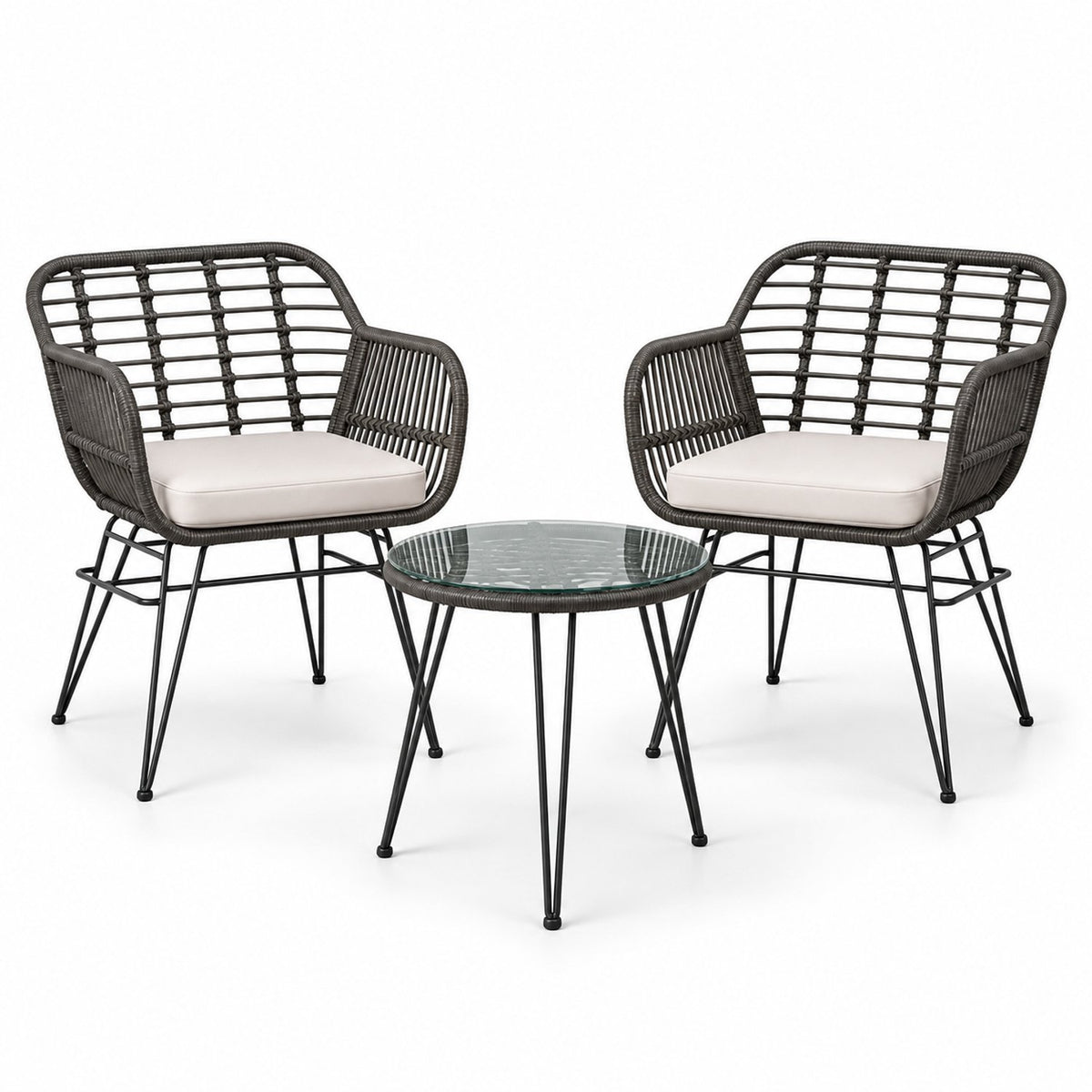 Bistroset 3 delig – 2 Rotan Tuinstoelen met Zitkussens & Tafel met Glazen Blad – Weerbestendige Balkonset – Grijs