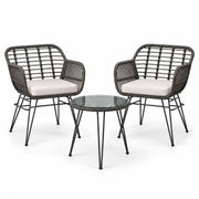 Bistroset 3 delig – 2 Rotan Tuinstoelen met Zitkussens & Tafel met Glazen Blad – Weerbestendige Balkonset – Grijs