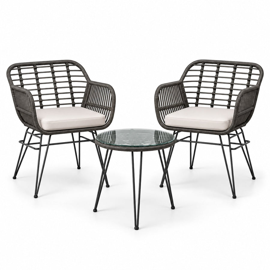Bistroset 3 delig – 2 Rotan Tuinstoelen met Zitkussens & Tafel met Glazen Blad – Weerbestendige Balkonset – Grijs