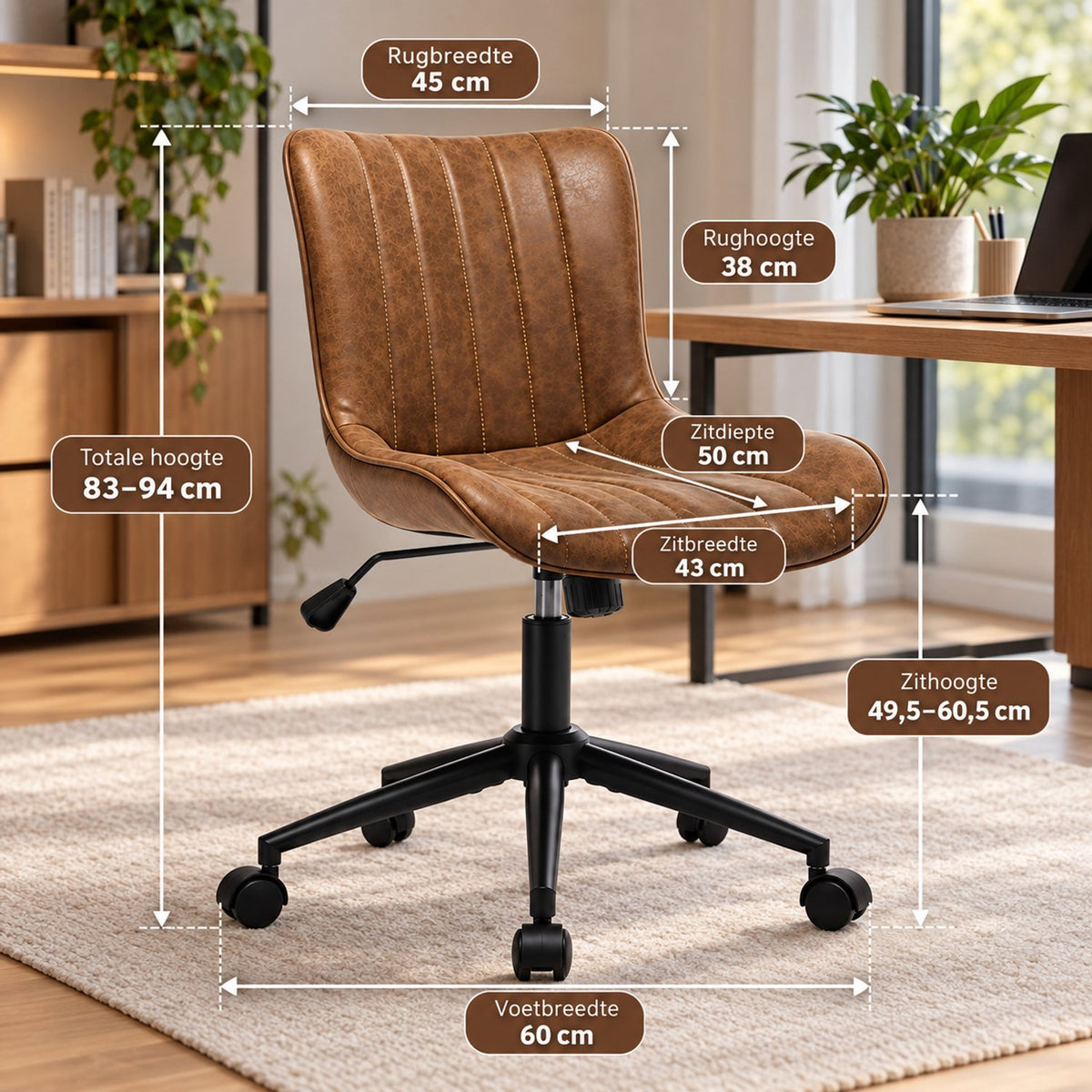 Bureaustoel - 360° Draaibaar – Gestoffeerde Design Stoel met Gegolfde Rugleuning – Compacte Thuiswerkstoel – 60 x 63 x 79 cm – Bruin