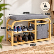 Schoenenbank - Met Zitkussen en Opbergmand - Bamboe - 2 Schoenenplanken - 70 x 30 x 45 cm - Naturel/Grijs