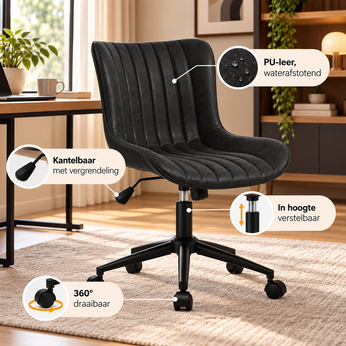 Bureaustoel - 360° Draaibaar – Gestoffeerde Design Stoel met Gegolfde Rugleuning – Compacte Thuiswerkstoel – 60 x 63 x 79 cm – Zwart