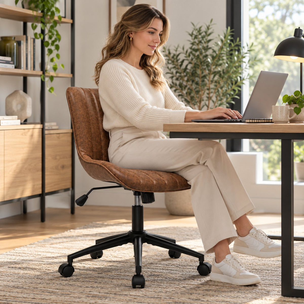 Bureaustoel - 360° Draaibaar – Gestoffeerde Design Stoel met Gegolfde Rugleuning – Compacte Thuiswerkstoel – 60 x 63 x 79 cm – Bruin
