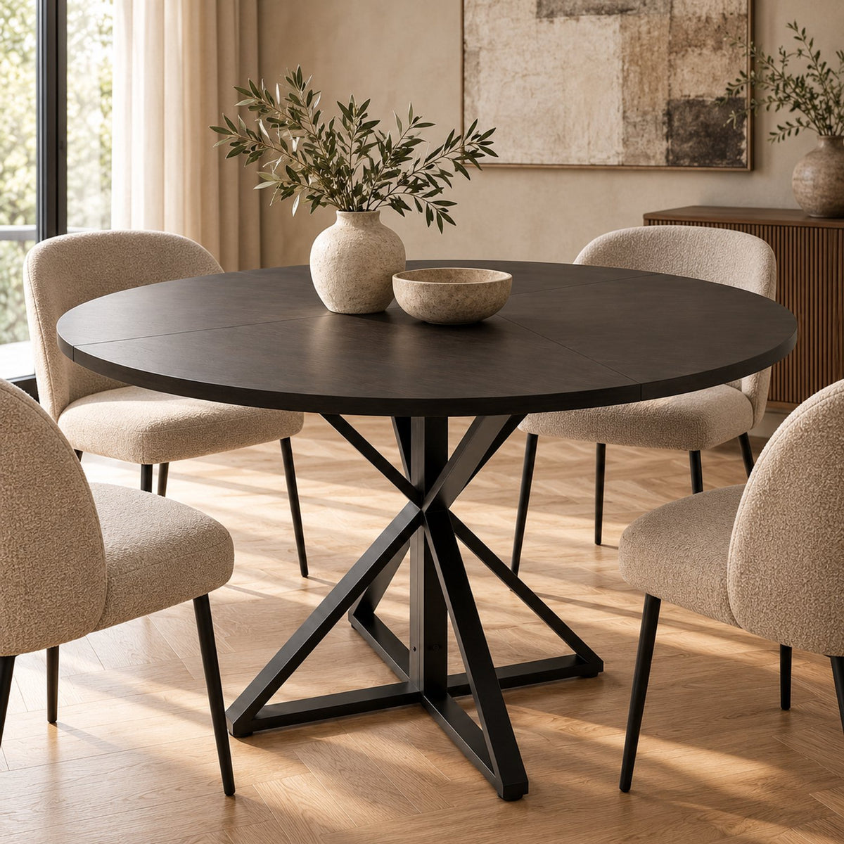 Ronde Eettafel - Ø120 cm – Donker Houtlook – Zwart Metalen Onderstel – 76 cm Hoog – Moderne Industriële Eettafel