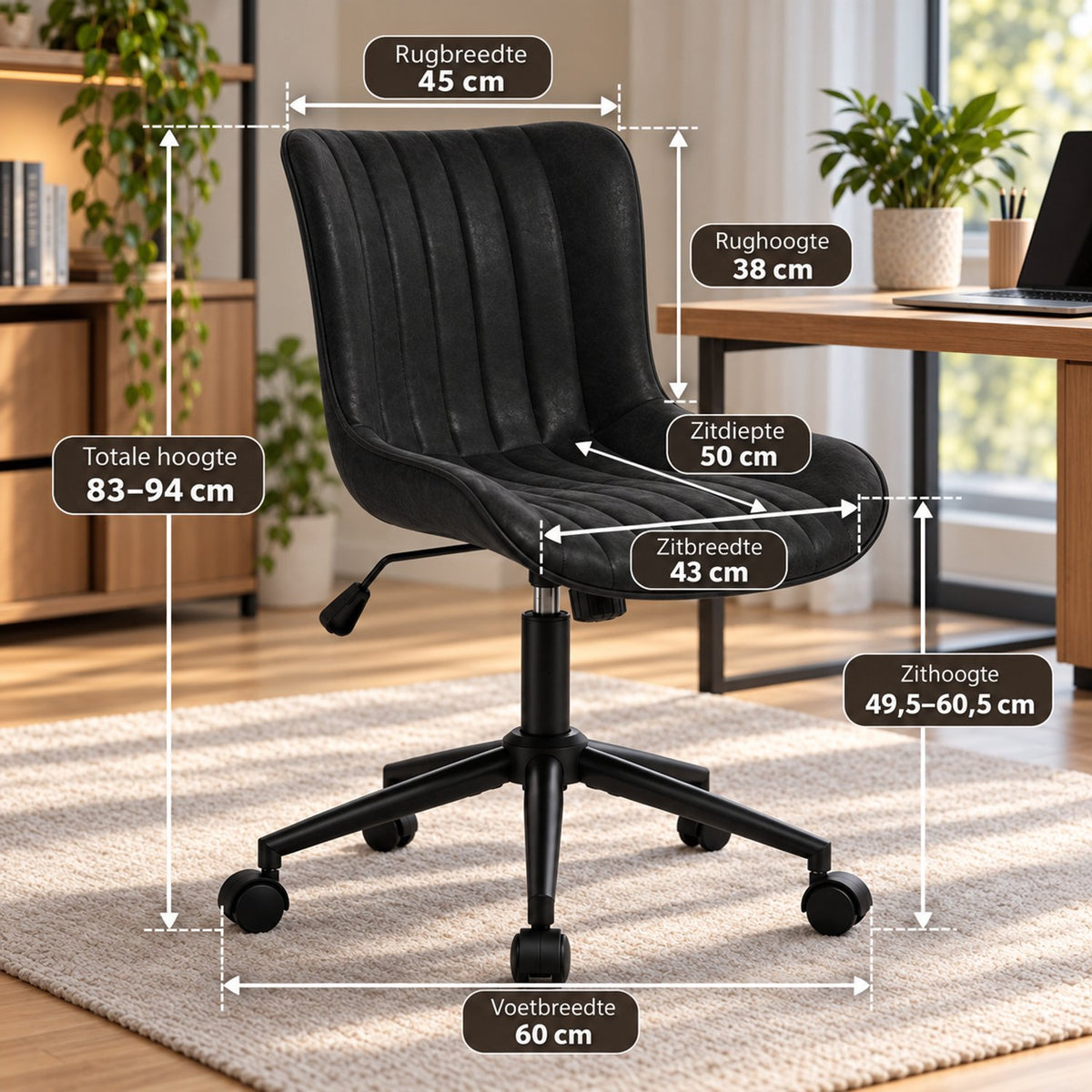 Bureaustoel - 360° Draaibaar – Gestoffeerde Design Stoel met Gegolfde Rugleuning – Compacte Thuiswerkstoel – 60 x 63 x 79 cm – Zwart