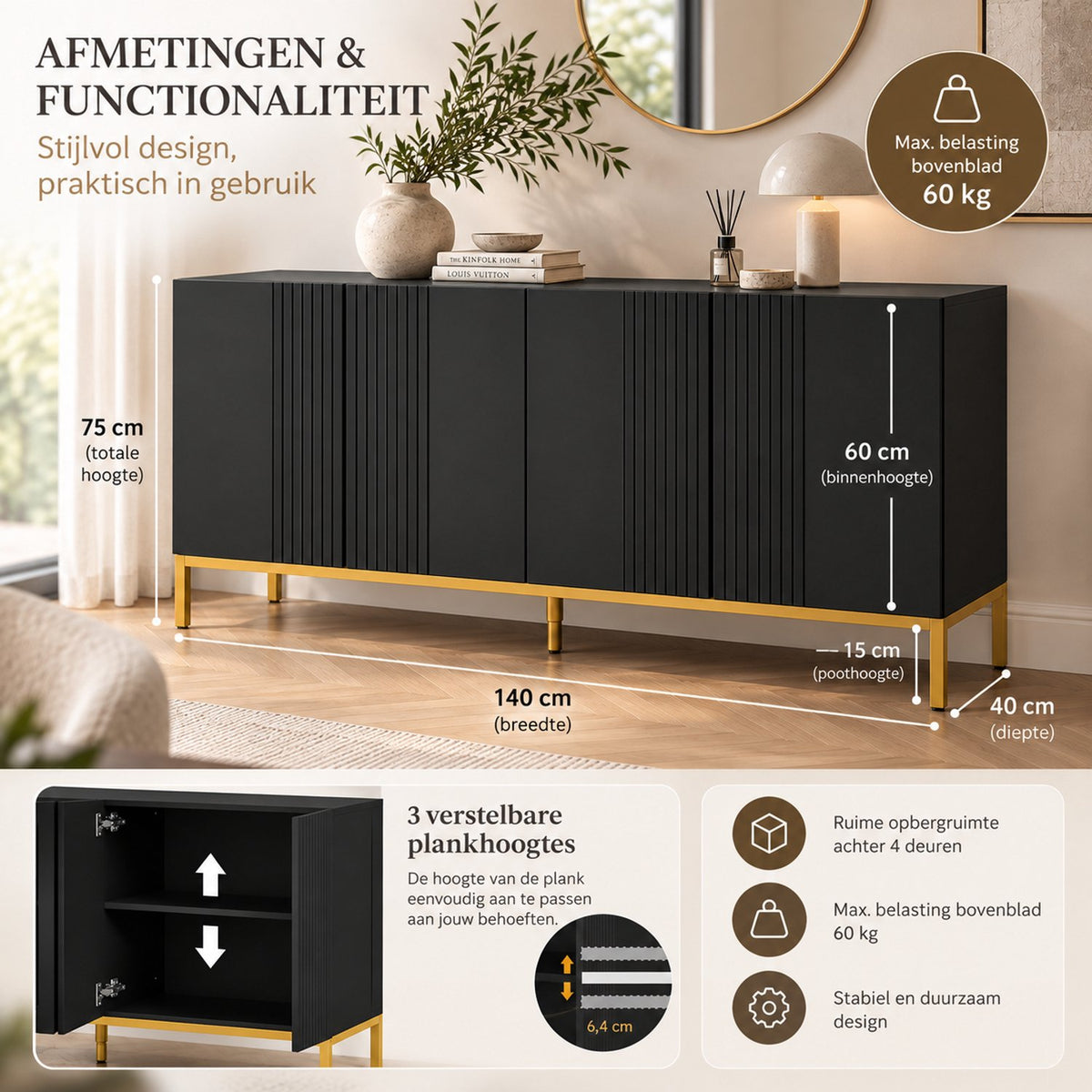 Dressoir - 4 Deuren & Verstelbare Planken – Modern Buffetkast – Dressoir Kast – 140 x 40 x 75 cm – Zwart & Goud