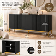 Dressoir - 4 Deuren & Verstelbare Planken – Modern Buffetkast – Dressoir Kast – 140 x 40 x 75 cm – Zwart & Goud