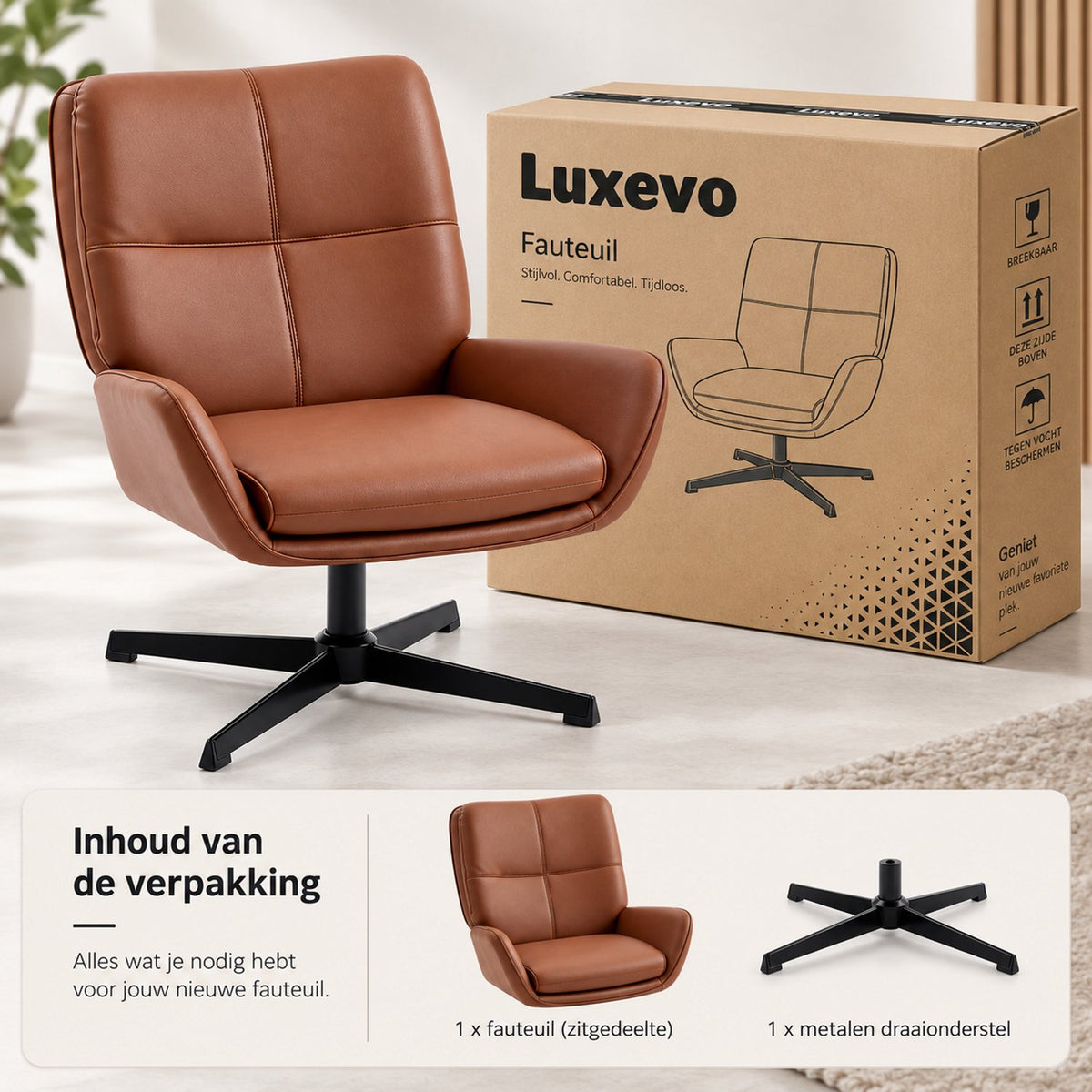 Fauteuil – 360° Draaibaar – PU Leer – Draaistoel met Armleuningen - Bruin