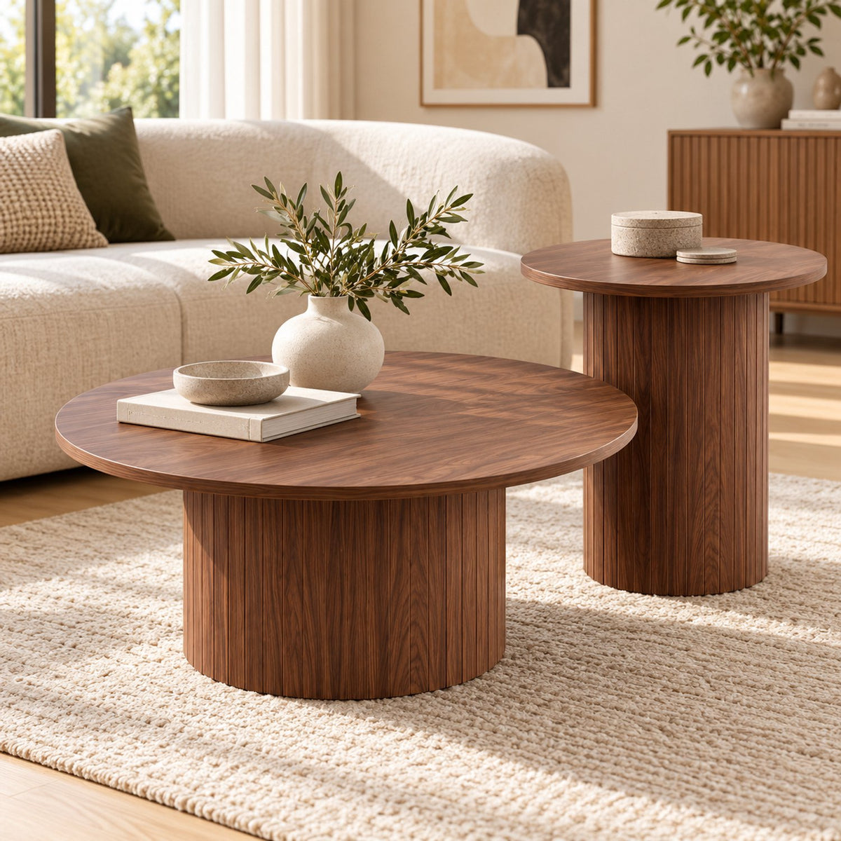 Salontafel Set van 2 – Ronde Nesttafels – Ø70 cm & Ø40 cm – MDF – Moderne Woonkamertafels – Bijzettafel & Salontafel - Walnoot