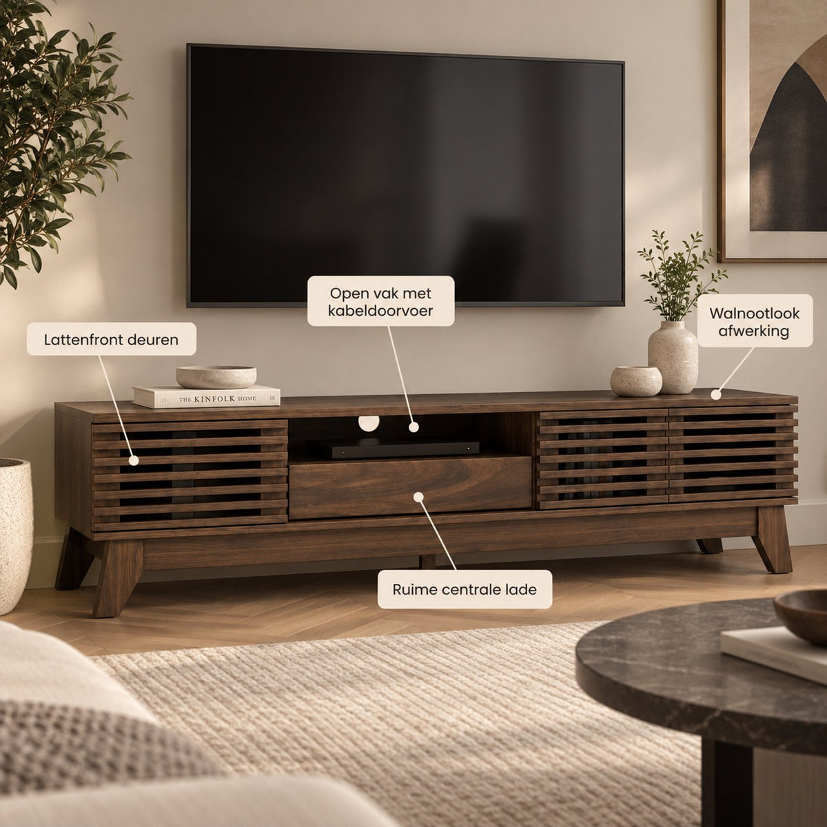 TV Meubel - Met Lattenstructuur – 170 cm – Walnoot