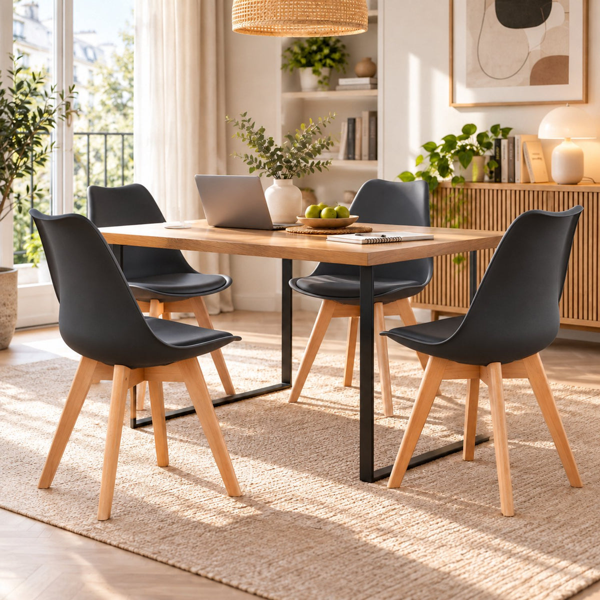 Eetkamerstoelen Set van 4 - Scandinavische Kuipstoelen - Houten Poten - Met Zitkussen - Moderne Eetkamerstoel – Zwart