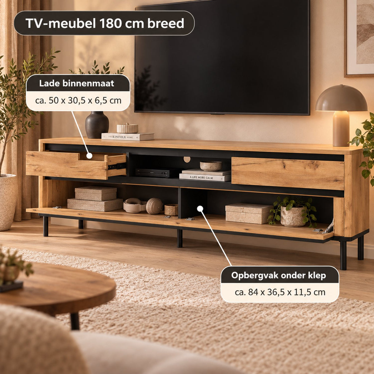 TV Meubel 180 cm – Met 2 Lades & 2 Klapdeuren – Hout & Zwart Metaal – Eiken Look