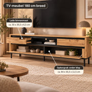 TV Meubel 180 cm – Met 2 Lades & 2 Klapdeuren – Hout & Zwart Metaal – Eiken Look