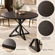Ronde Eettafel - Ø120 cm – Donker Houtlook – Zwart Metalen Onderstel – 76 cm Hoog – Moderne Industriële Eettafel