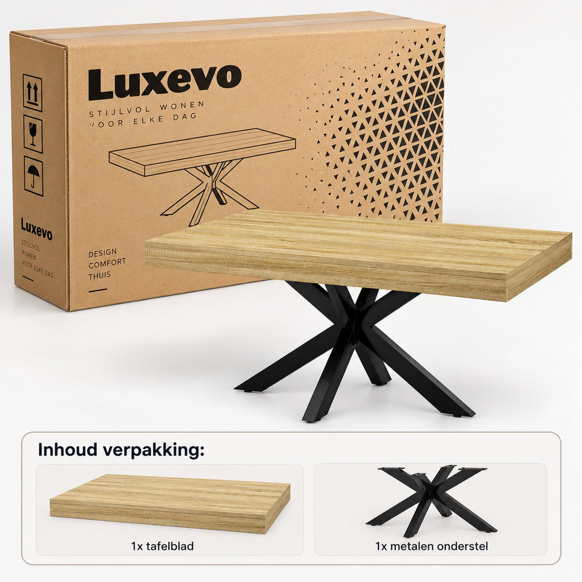 Salontafel - 110 cm - Rechthoek - Industrieel Design - Koffietafel met Zwart Kruisframe - Houtlook Tafelblad