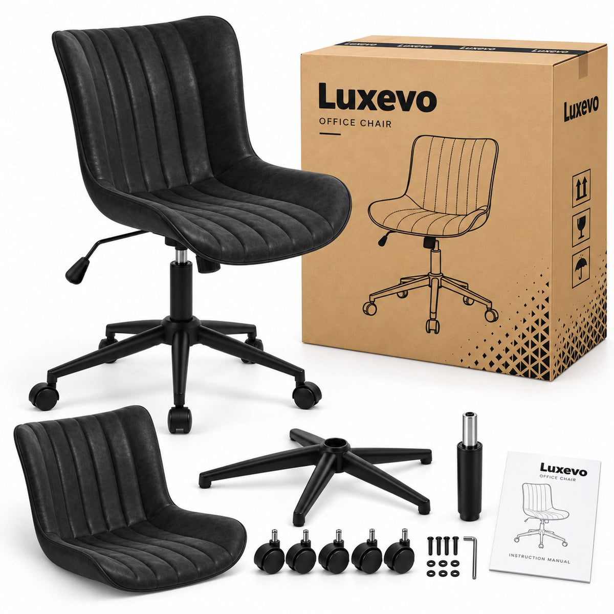 Bureaustoel - 360° Draaibaar – Gestoffeerde Design Stoel met Gegolfde Rugleuning – Compacte Thuiswerkstoel – 60 x 63 x 79 cm – Zwart