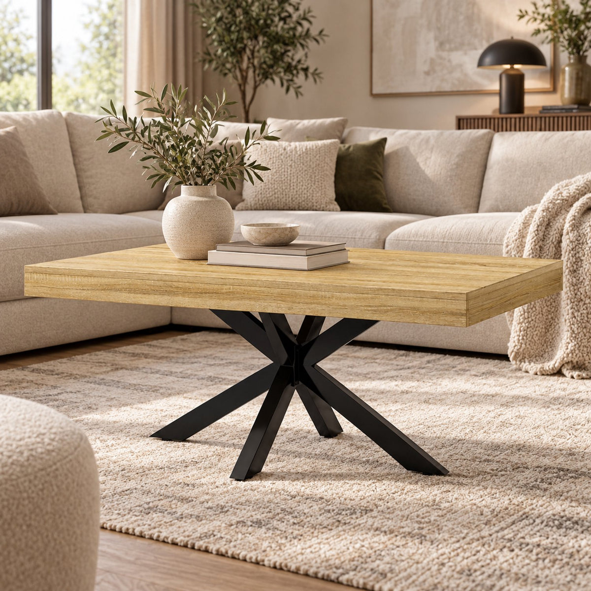 Salontafel - 110 cm - Rechthoek - Industrieel Design - Koffietafel met Zwart Kruisframe - Houtlook Tafelblad