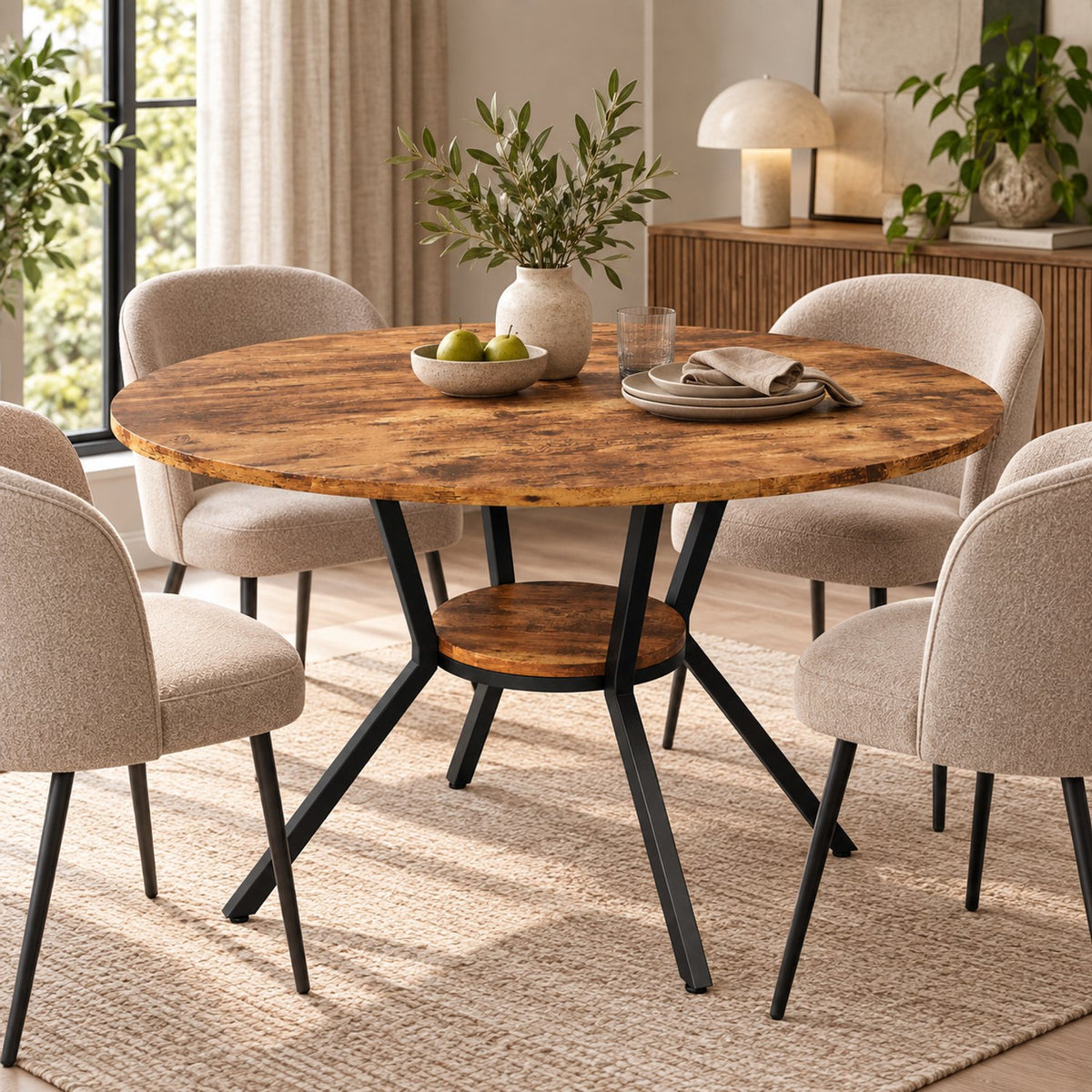 Ronde Eettafel - Ø 120 cm - Met Opbergvak - 4-6 Personen - Metalen Onderstel - Industrieel & Modern - Houtlook