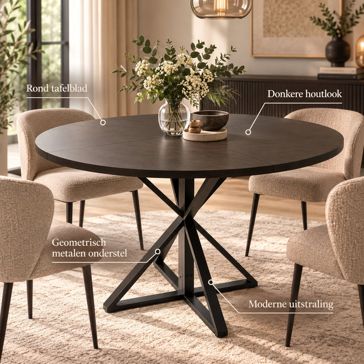 Ronde Eettafel - Ø120 cm – Donker Houtlook – Zwart Metalen Onderstel – 76 cm Hoog – Moderne Industriële Eettafel