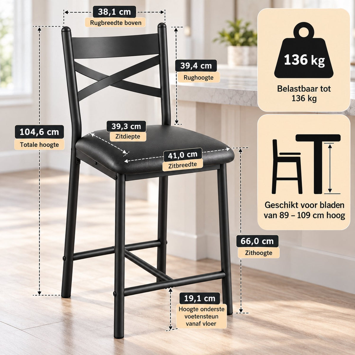Barstoelen Set van 2 - Zithoogte 66 cm - PU Leren Zitting - Met Rugleuning en Voetsteun - Metalen Frame - Zwart