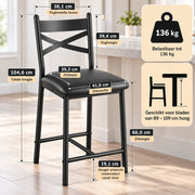 Barstoelen Set van 2 - Zithoogte 66 cm - PU Leren Zitting - Met Rugleuning en Voetsteun - Metalen Frame - Zwart