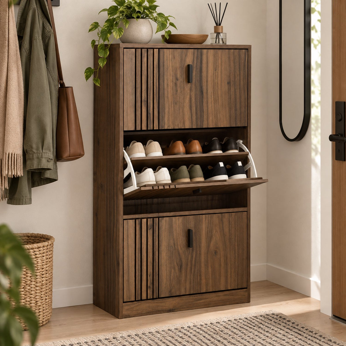 Schoenenkast – Schoenenrek voor 18 Paar – Ruimtebesparend – 117 x 24 x 63 cm – Donker Walnoot