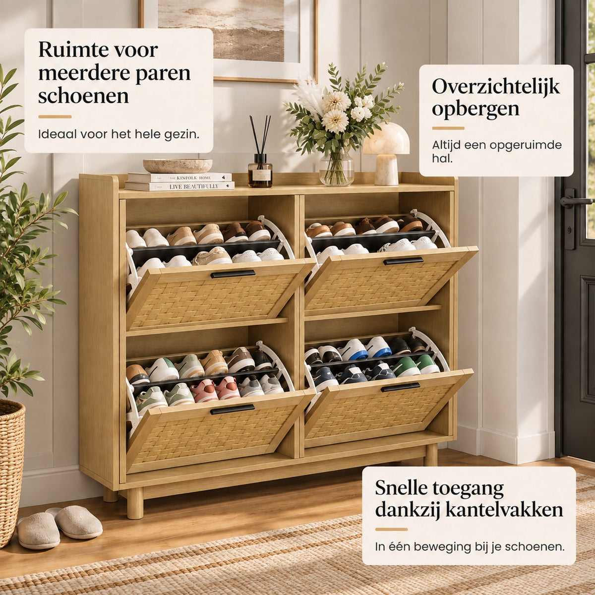 Schoenenkast - Tot 16 Paar Schoenen - 8 Rekken 4 Lades - Rattan Hout