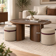 Salontafel - 108 cm - Ovaal - Inclusief 2 Gestoffeerde Poefs - Walnoot Houtlook - Space-Saving Koffietafel Set