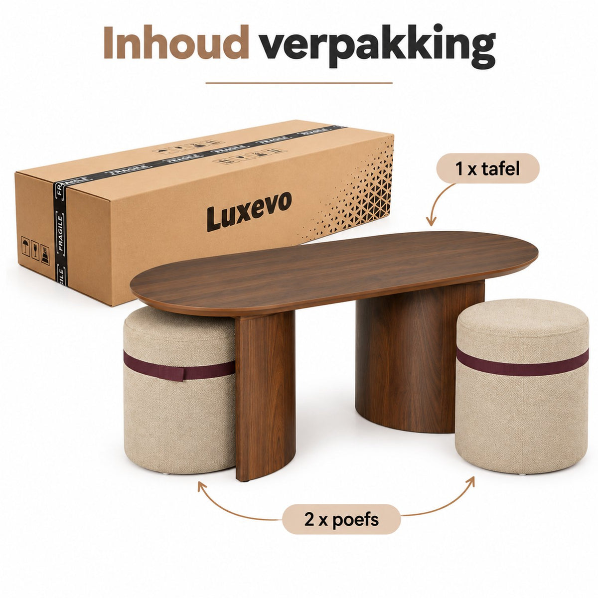 Salontafel - 108 cm - Ovaal - Inclusief 2 Gestoffeerde Poefs - Walnoot Houtlook - Space-Saving Koffietafel Set