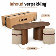 Salontafel - 108 cm - Ovaal - Inclusief 2 Gestoffeerde Poefs - Walnoot Houtlook - Space-Saving Koffietafel Set
