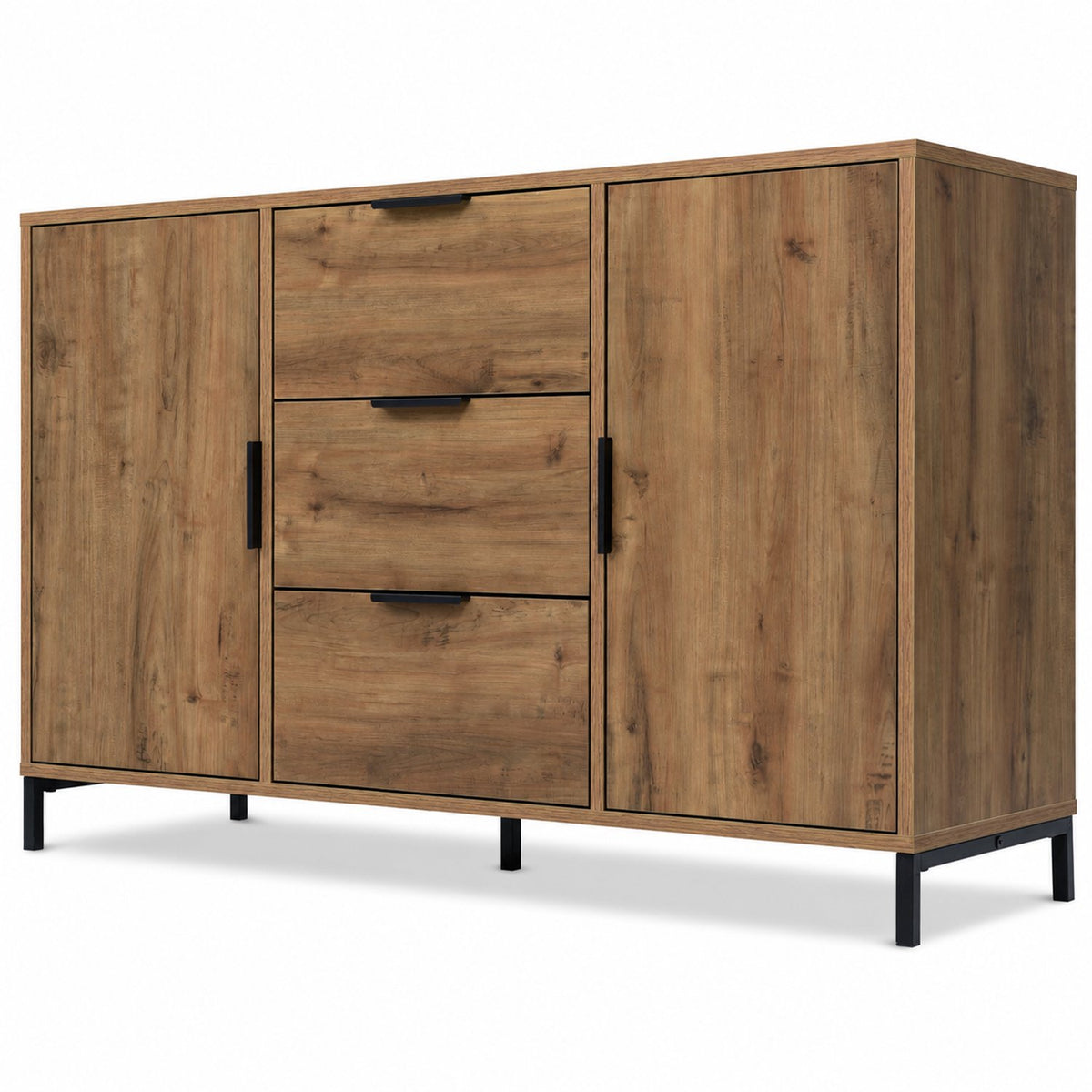 Dressoir – 120x40x76 cm – Donker Eiken – Industrieel Opbergkast met 3 Lades & 2 Deuren