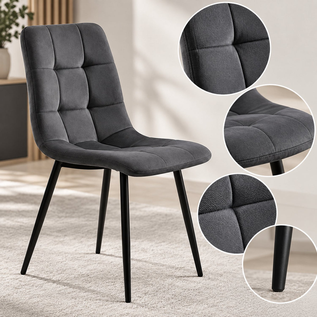 Eetkamerstoelen Set van 4 - Gestoffeerde Stoelen - Gewatteerde Rugleuning - Zwarte Metalen Poten - Grijs