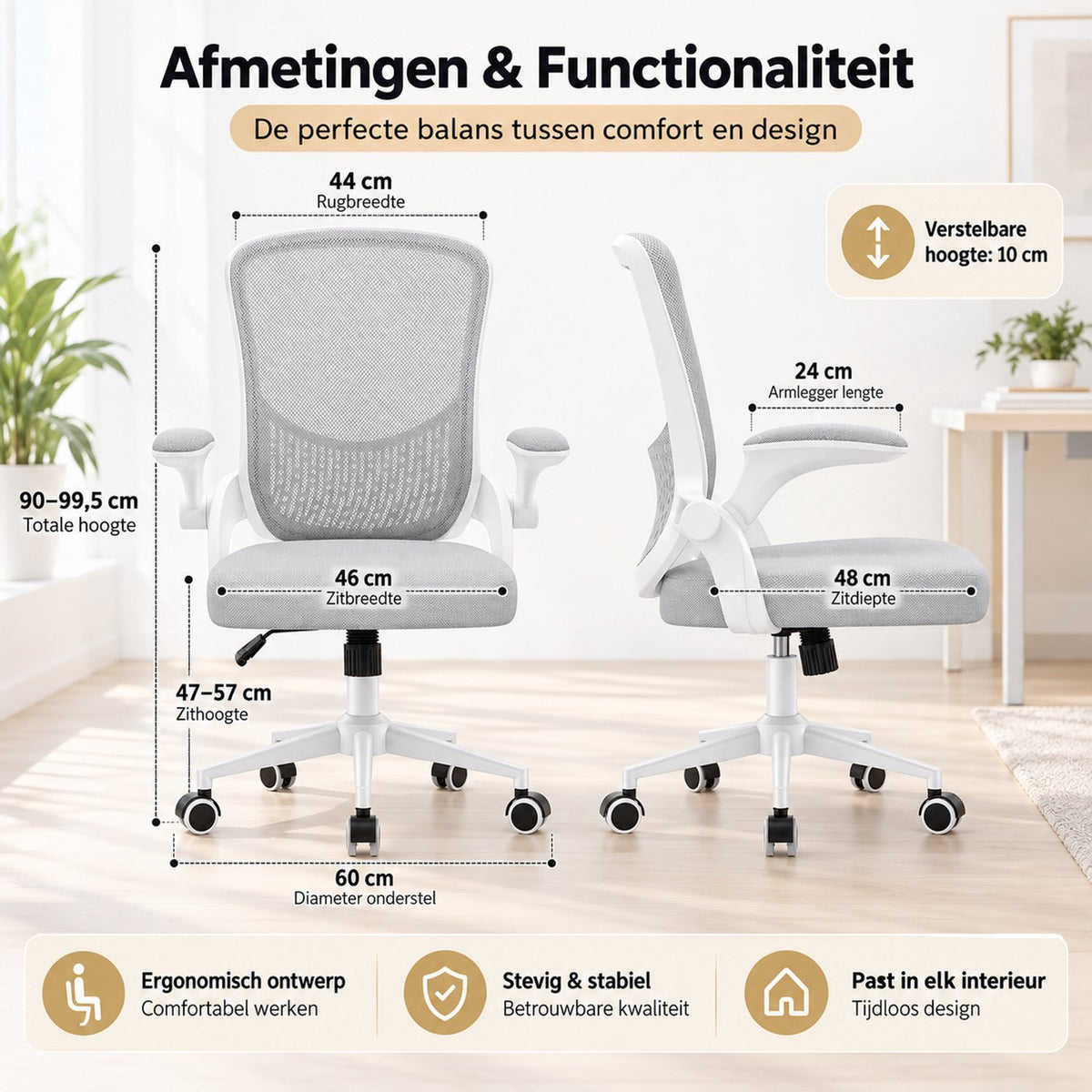 Ergonomische Bureaustoel – Verstelbare Kantoorstoel voor Volwassenen – Grijs