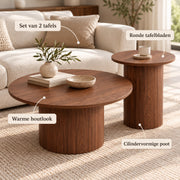 Salontafel Set van 2 – Ronde Nesttafels – Ø70 cm & Ø40 cm – MDF – Moderne Woonkamertafels – Bijzettafel & Salontafel - Walnoot