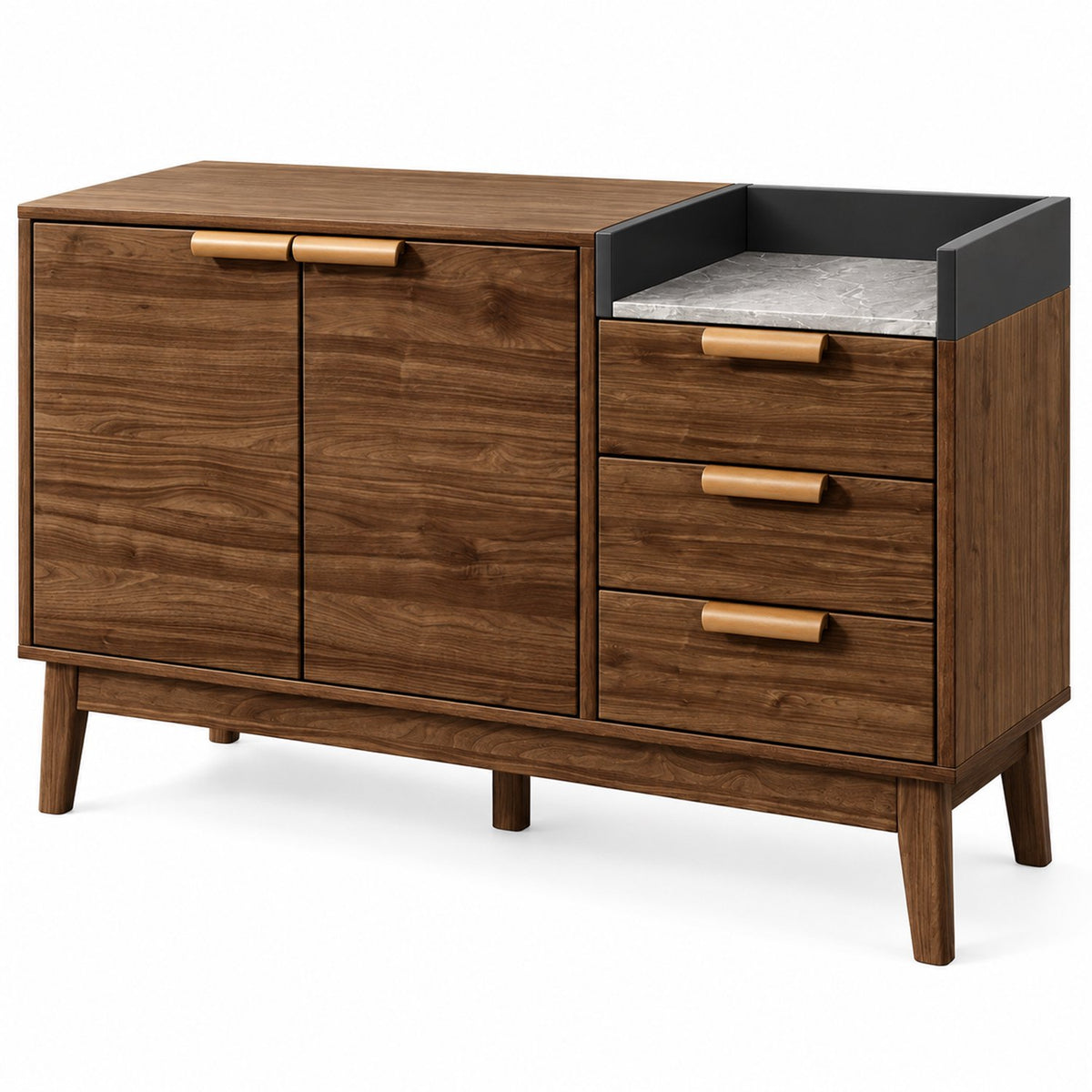 Dressoir – Opbergkast Eiken met Marmerlook Blad – 120 cm – 3 Laden & 2 Deuren – Verstelbare Planken – Massief Houten Poten – Mid-Century Sideboard
